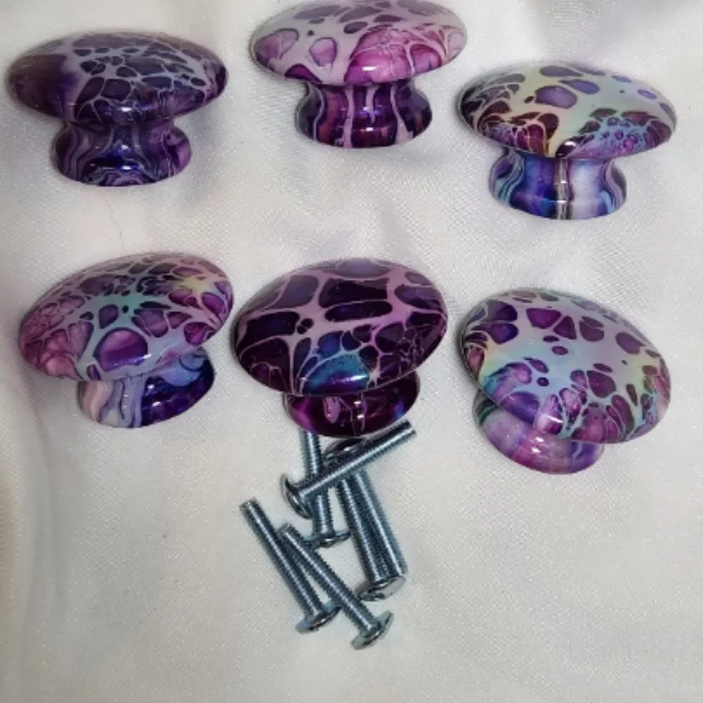 Hand Crafted Cabinet Door Knobs Hand Painted Purple Pink Blue White Wooden